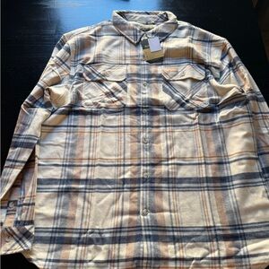 BURLEBO Plaid Flannel Shirt in Cream, Blue, and Tan